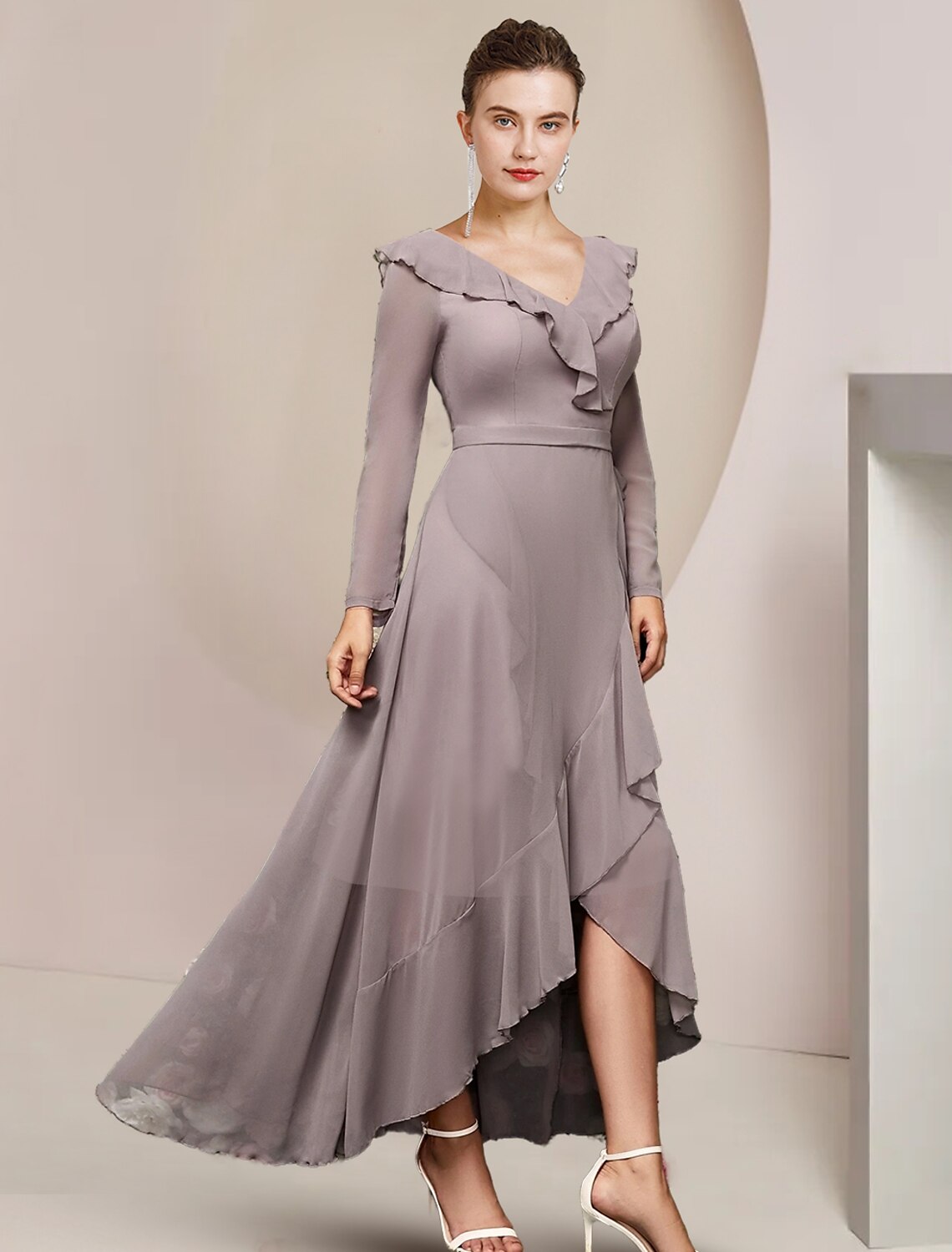 Elegant A-Line chiffon dress with V-neck and long ruffled sleeves.