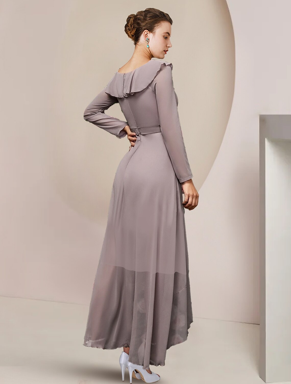 Side view of A-Line chiffon dress, showing asymmetrical ankle-length hem.