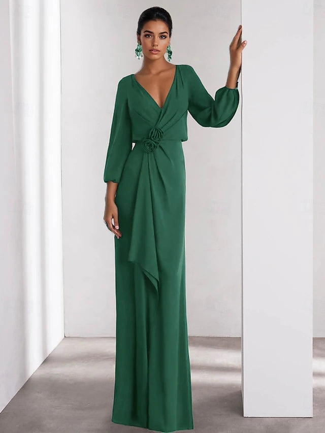 Elegant A-line V-neck long sleeve evening gown with ruffles.