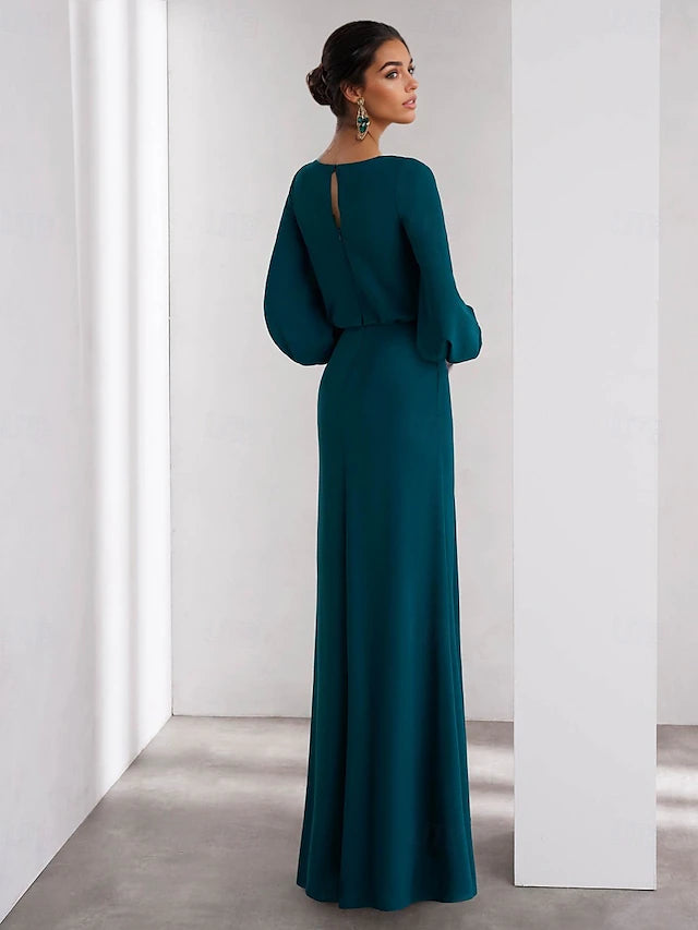 Side view of the elegant stretch crepe evening gown.