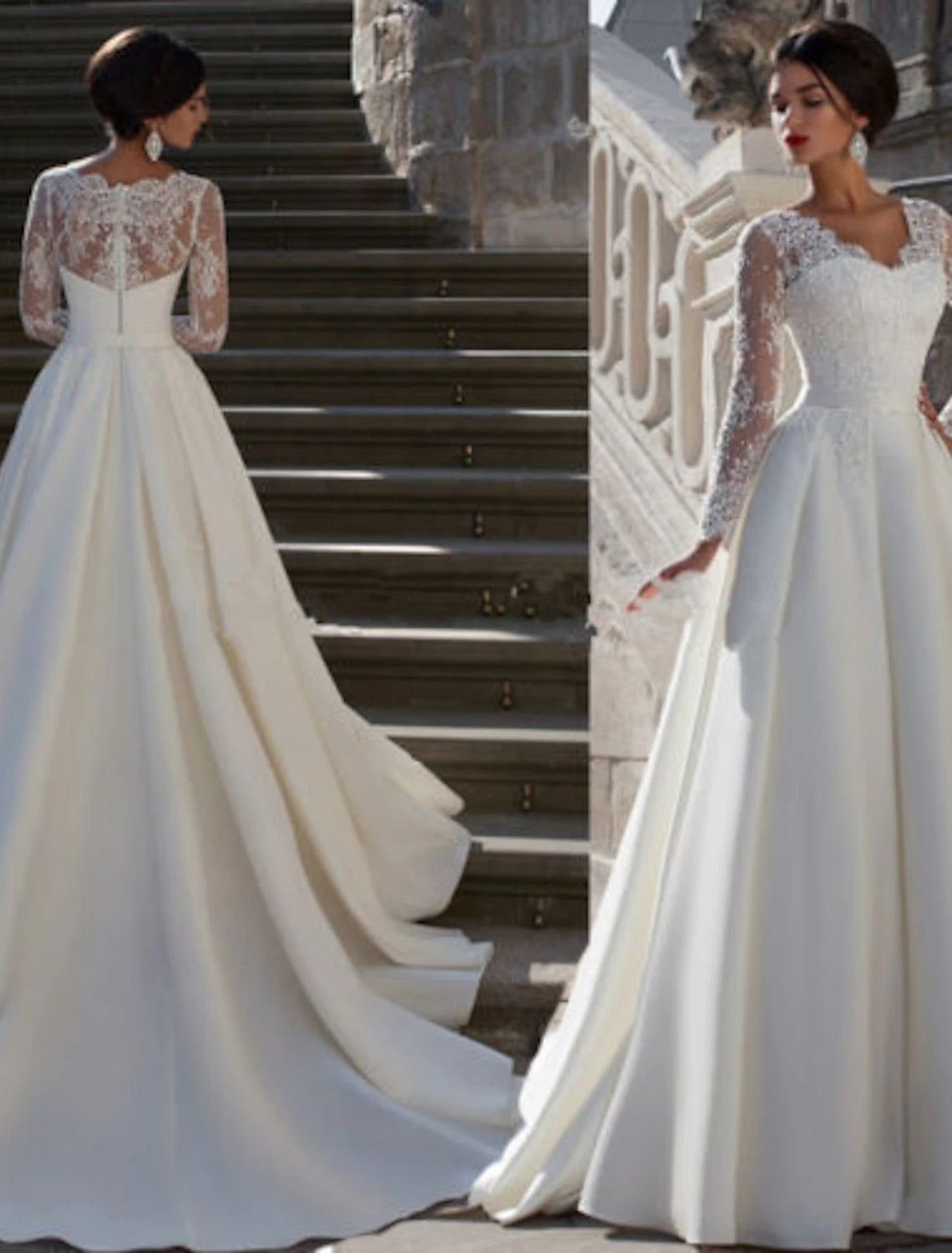 Close-up of V-Neck and applique details on a long sleeve satin wedding dress.