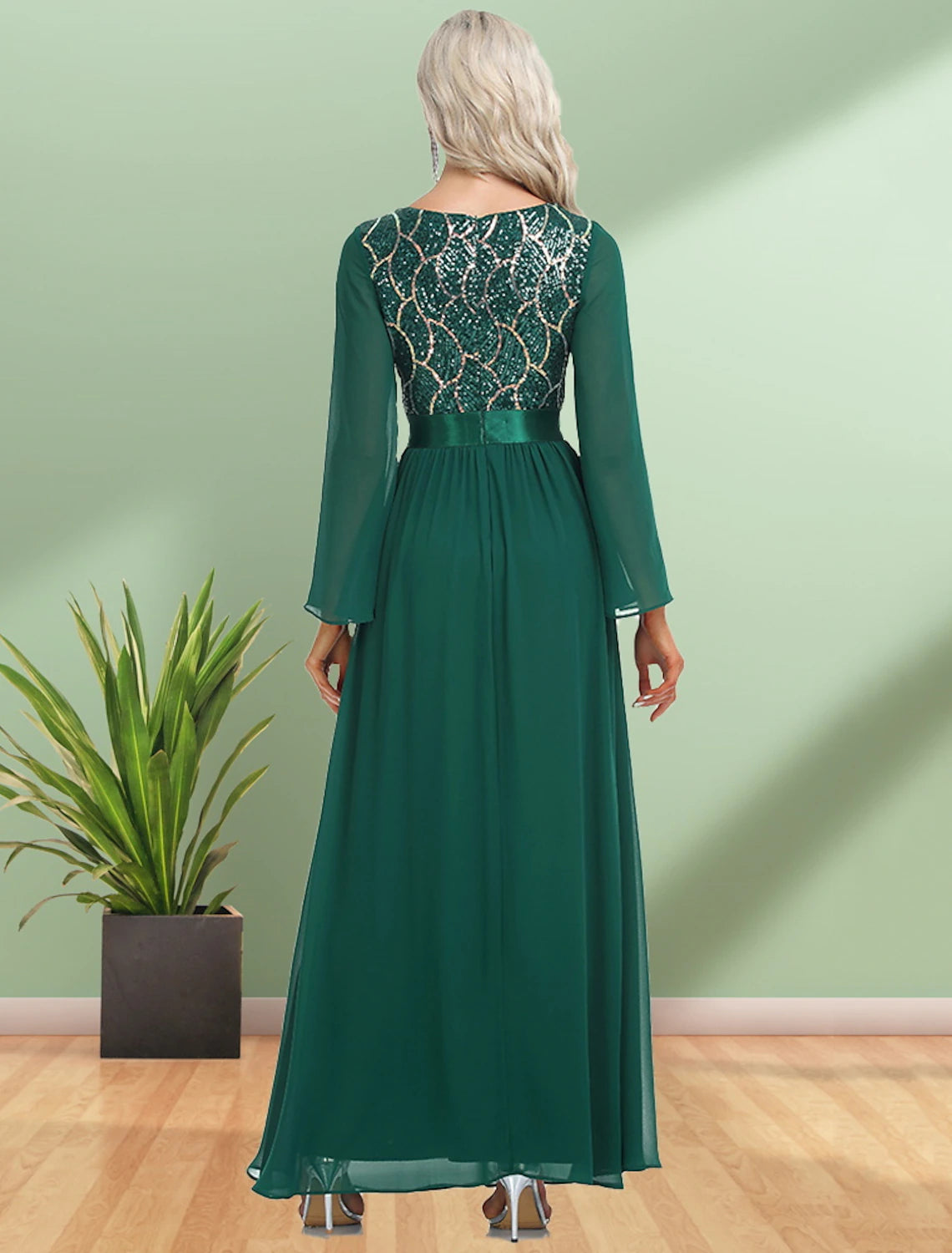 Front view of the sequin chiffon evening gown, emphasizing the V-neckline and A-line skirt.