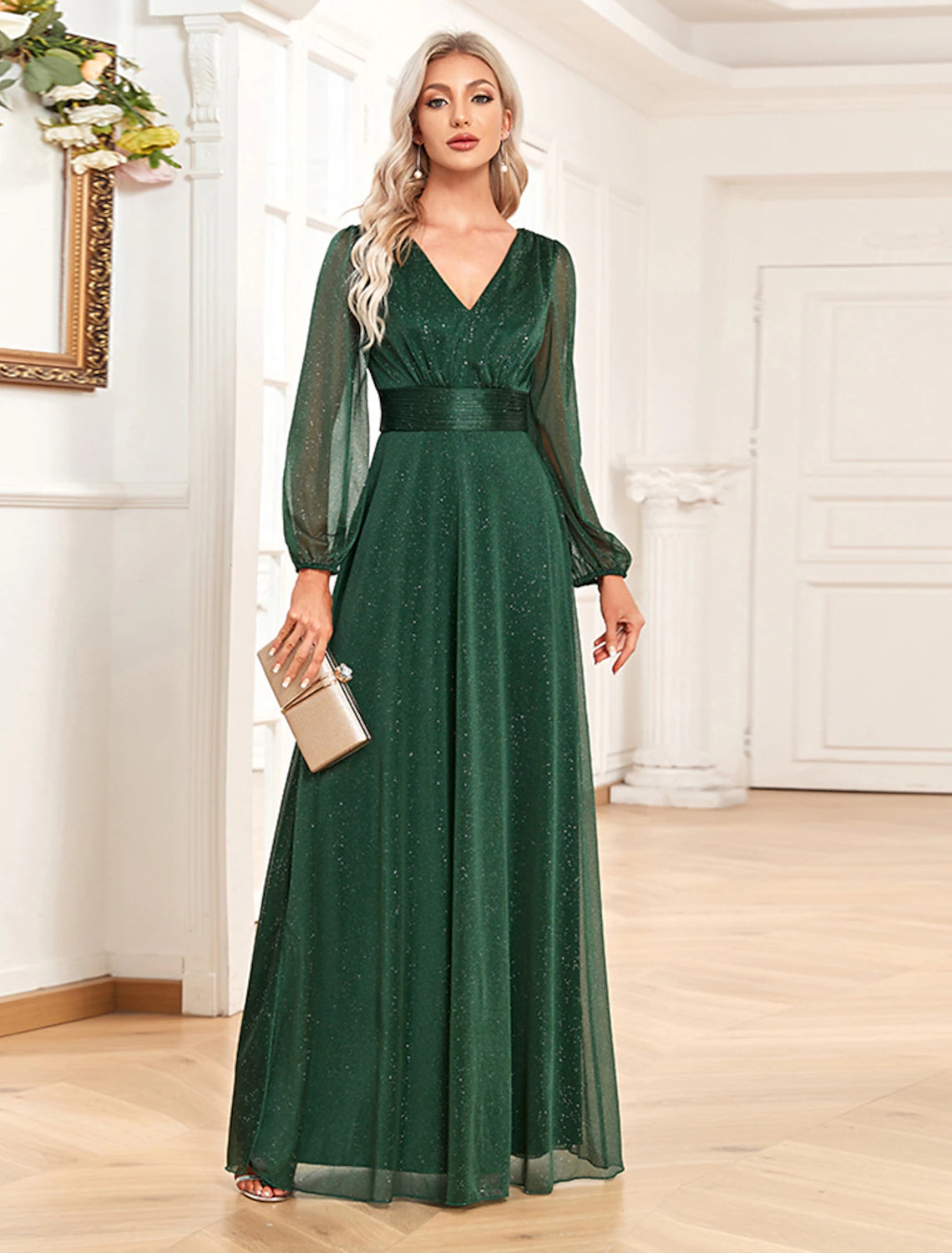 Model wearing the long sleeve formal dress, highlighting its elegant drape.