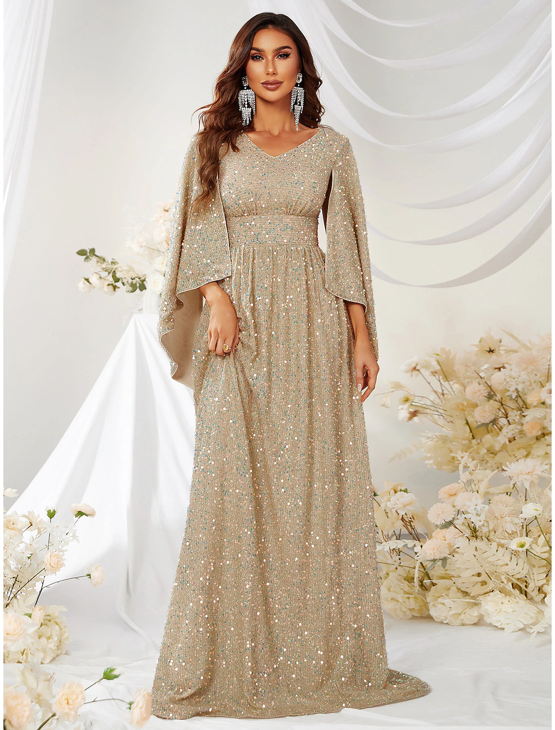 Elegant A-Line evening gown with V-neck and long sleeves, adorned with sequins.