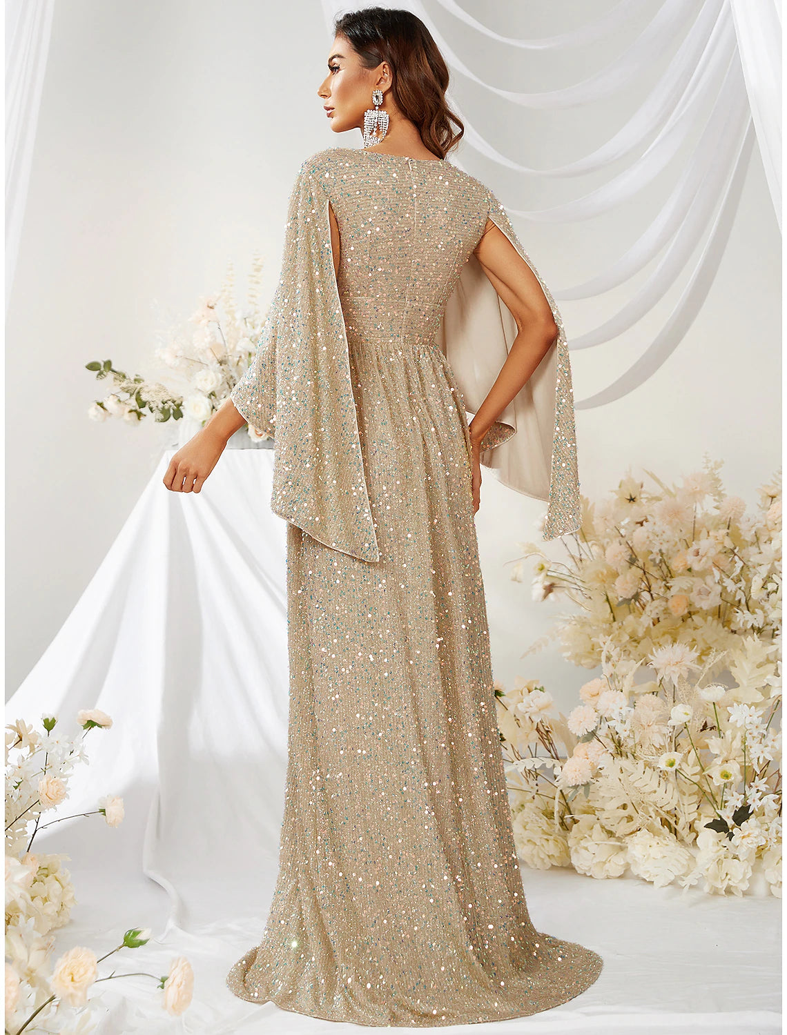 Back view of the A-Line sequin gown, showcasing the sweep train.