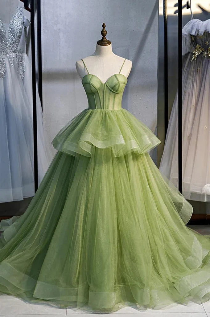Elegant A-line V-neck long sleeve tulle prom dress with a flowing train.