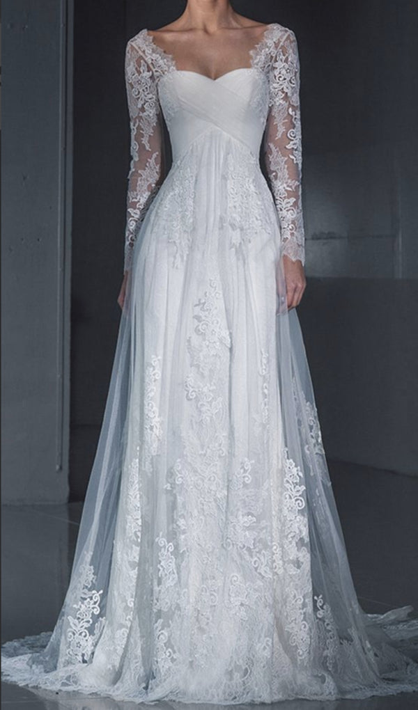 Elegant white A-line wedding dress with V-neck and long sleeves, featuring a floor-length skirt.