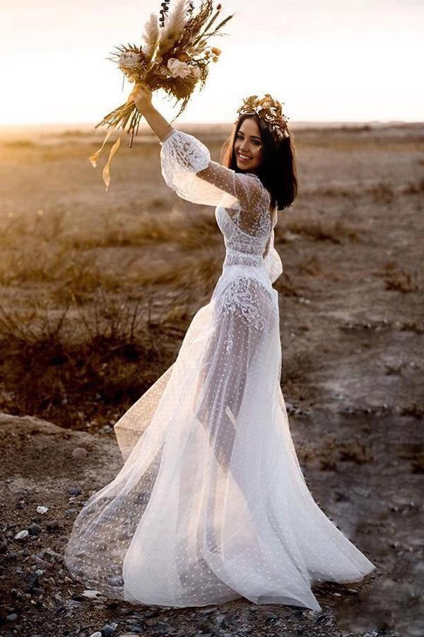 Elegant A-Line V-Neck long sleeves wedding dress with appliques.
