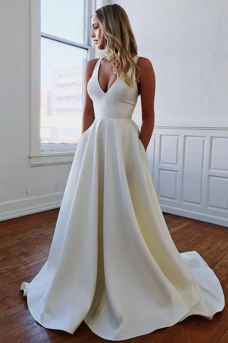 Elegant A-Line V-Neck long wedding dress.