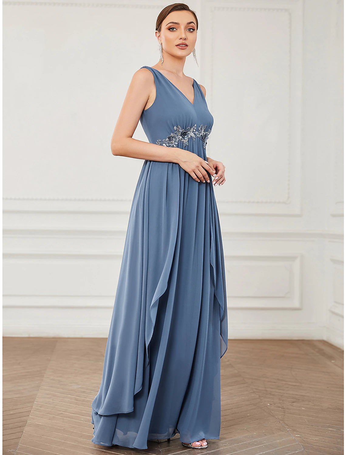 Back view of A-Line V-Neck chiffon prom dress.