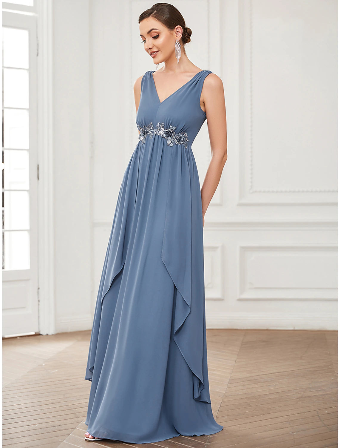 Close-up of appliques on A-Line V-Neck chiffon dress.