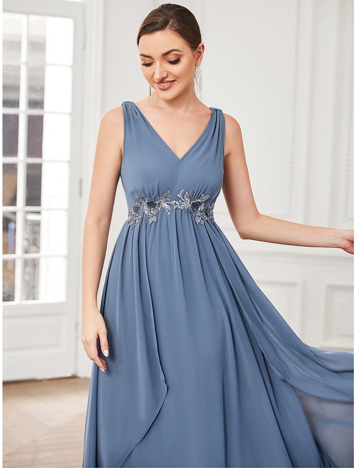 Side view of A-Line V-Neck chiffon prom dress.
