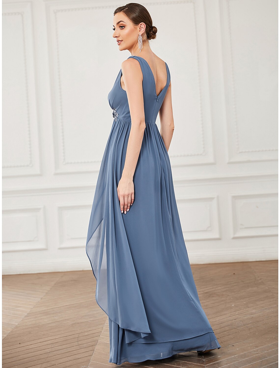 Full length view of A-Line V-Neck chiffon prom dress.
