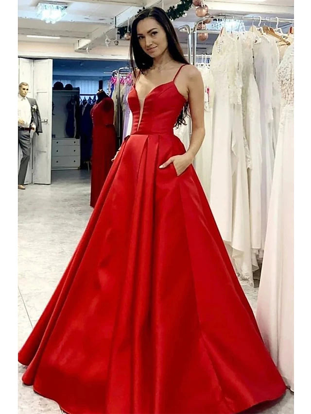 Elegant A-Line V-neck satin prom dress with pleats and pockets.