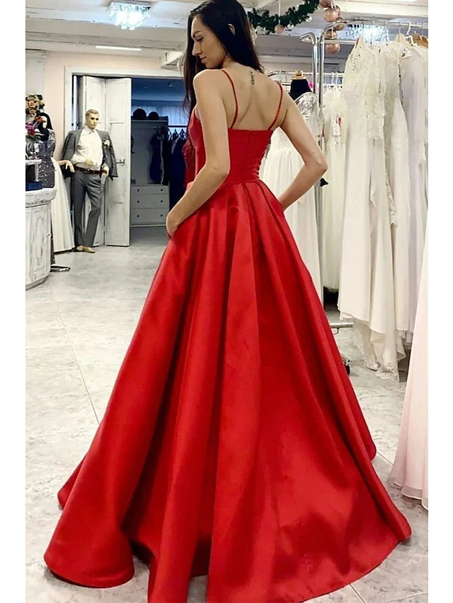 Full view of the minimalist A-Line satin formal dress.