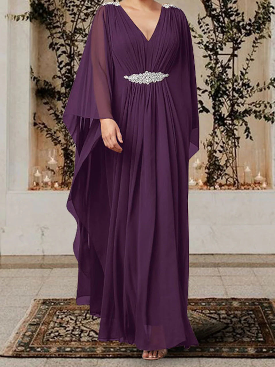 Elegant A-Line V-neck Mother of the Bride dress.