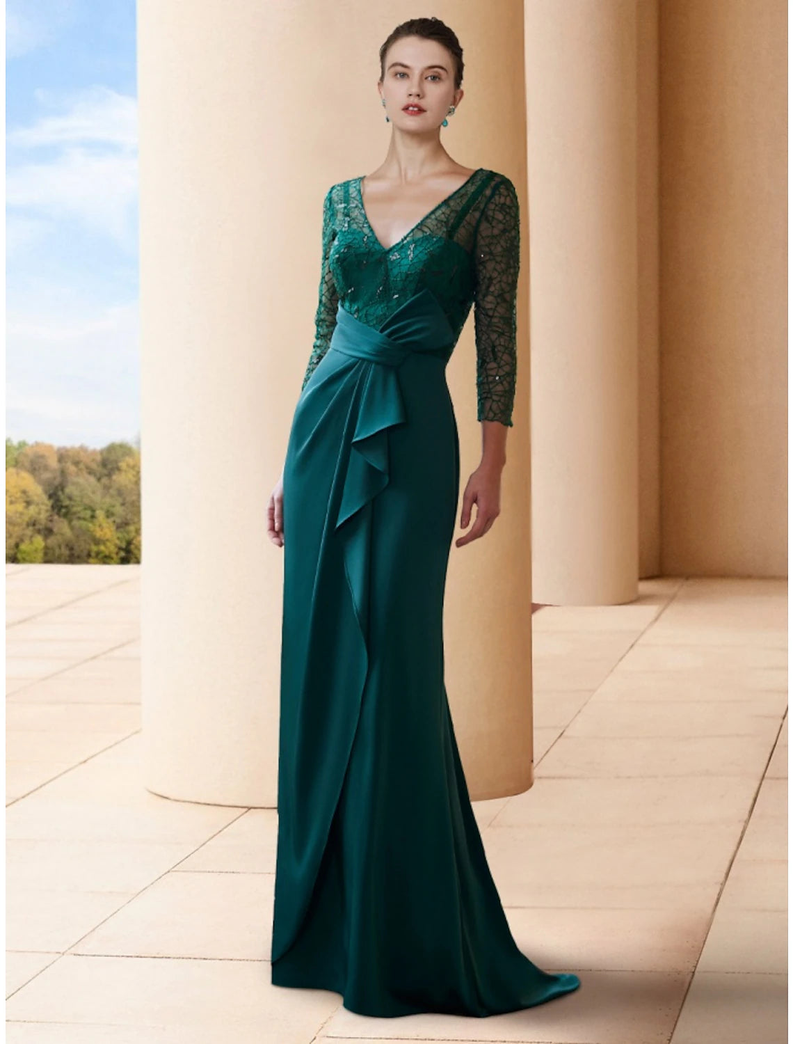 Elegant A-Line Mother of the Bride dress with V-neck, 3/4 sleeves, and sequin ruching.