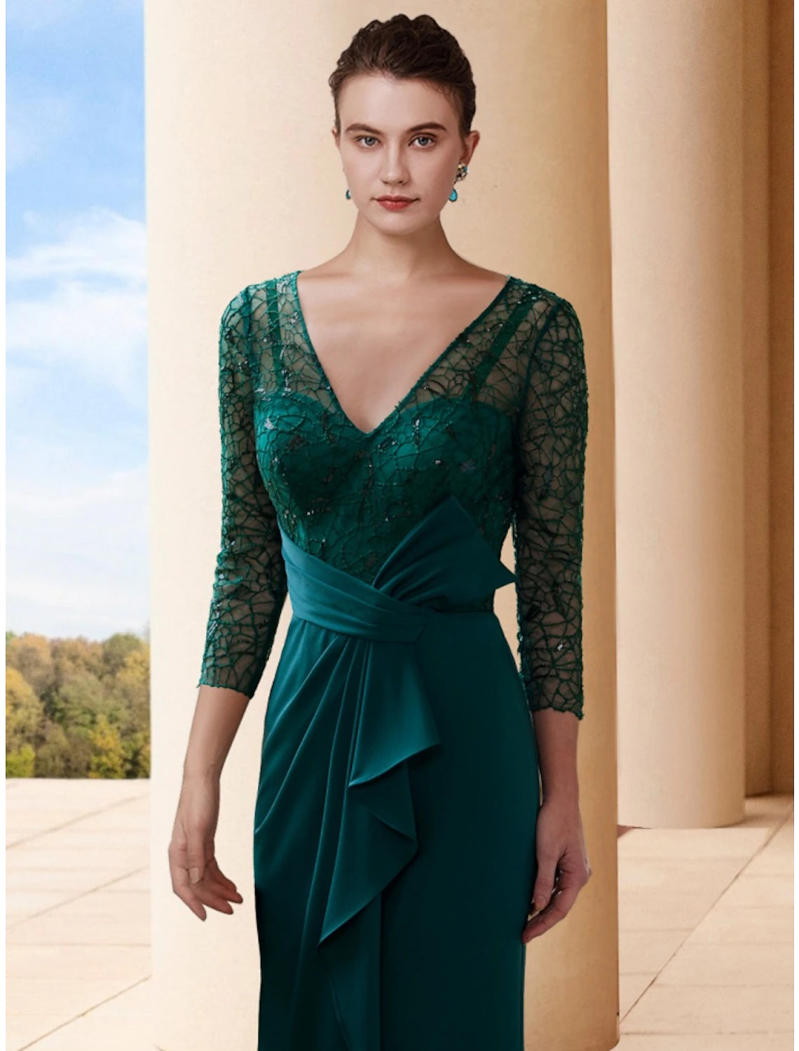 Back view of A-Line Mother of the Bride dress showing sweep train and bow detail.
