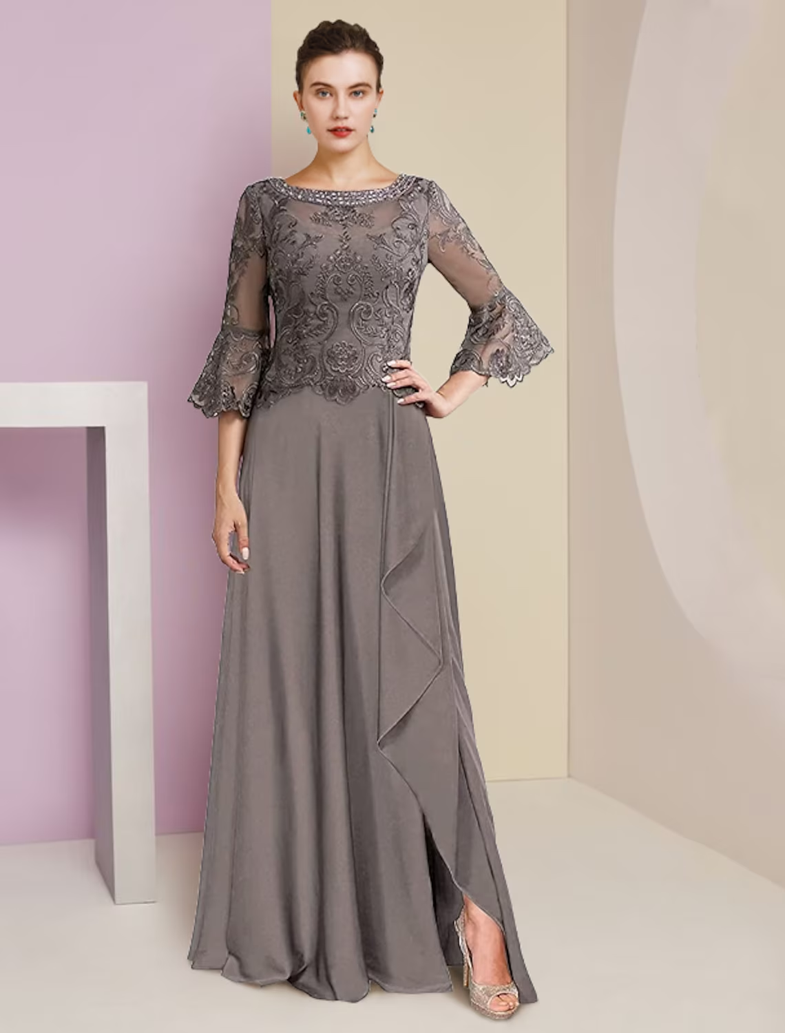 Elegant A-line Mother of the Bride dress with V-neck, 3/4 sleeves, lace, and beading.