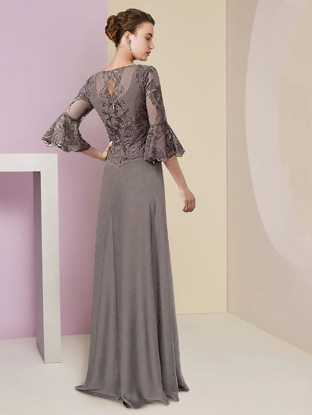 Back view of the A-line Mother of the Bride dress, showing the sweep train.