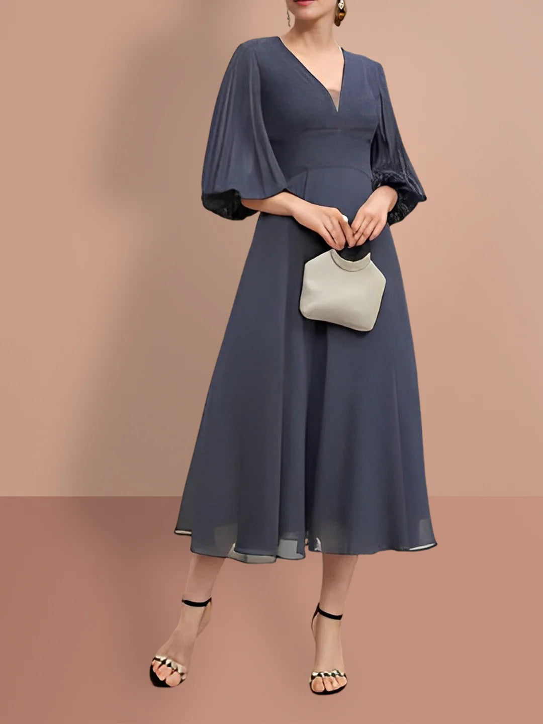 Elegant A-line V-neck dress for mother of the bride.