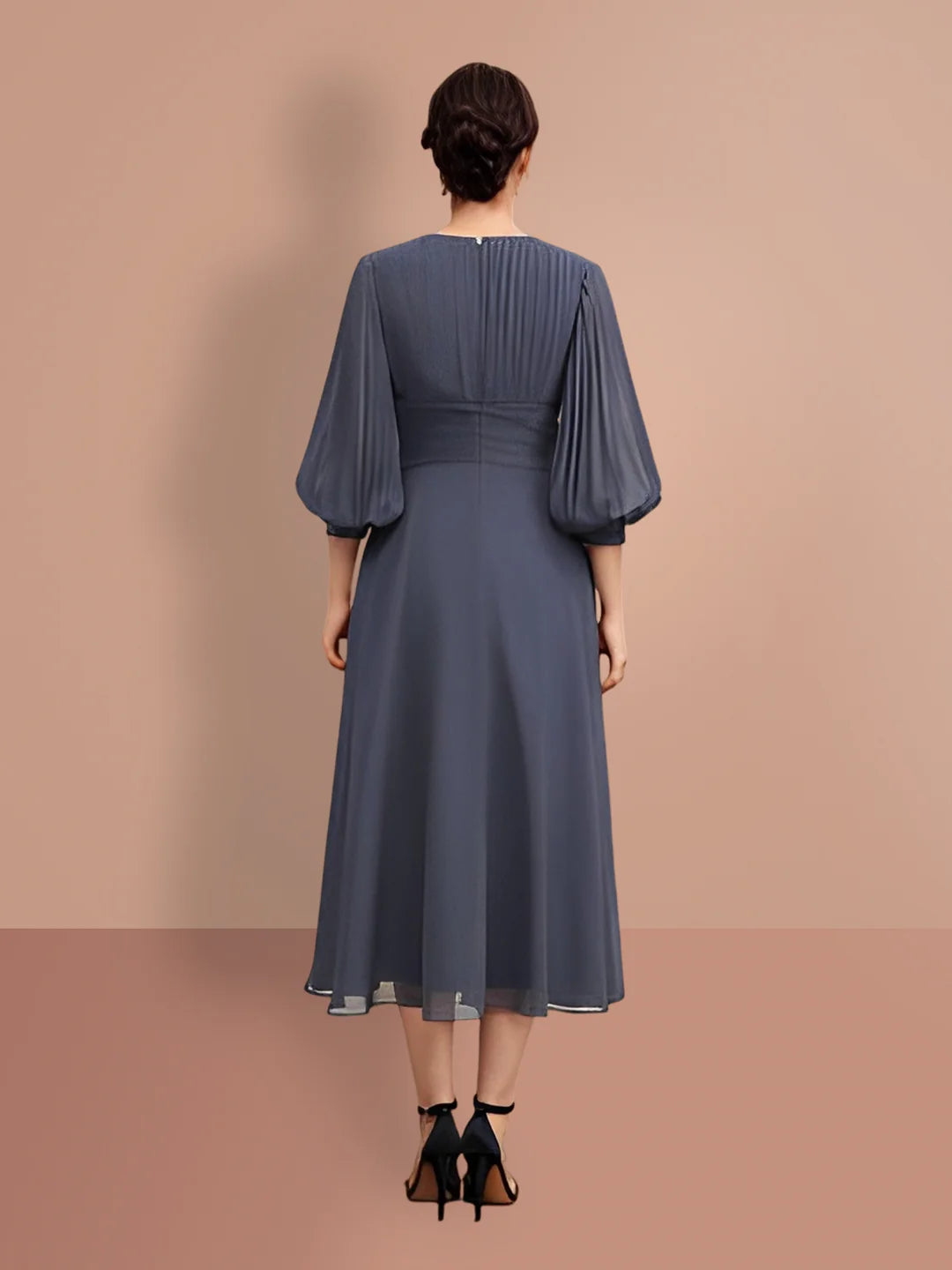 A-line V-neck formal dress, knee-length style.
