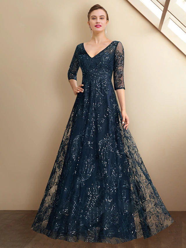 Elegant A-line Mother of the Bride dress with V-neck and 3/4 sleeves, adorned with sequin lace.
