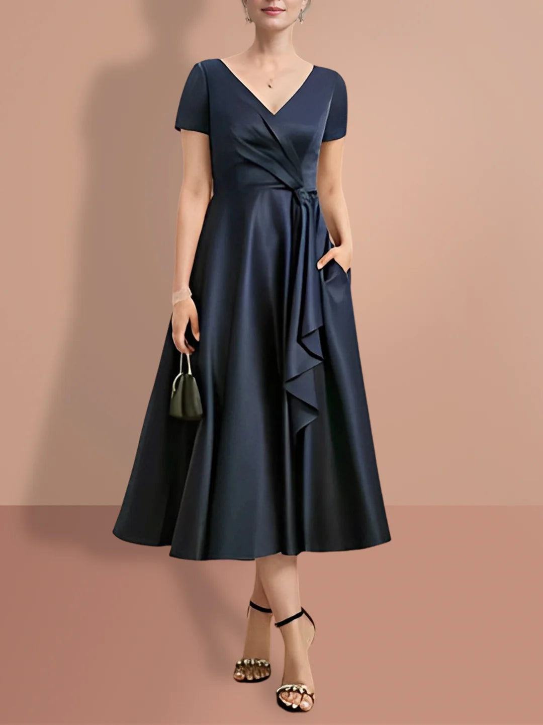 Elegant A-line V-neck short-sleeve knee-length dress for Mother of the Bride.