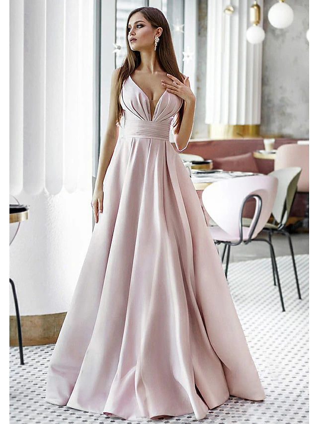 Elegant A-line navy satin formal dress with V-neck and pleats.
