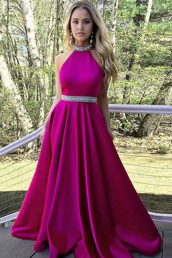 Front view of a pink satin A-line prom dress with V-neckline.