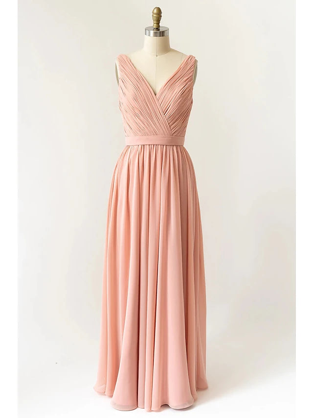 Elegant A-line chiffon bridesmaid dress with V-neck and open back.