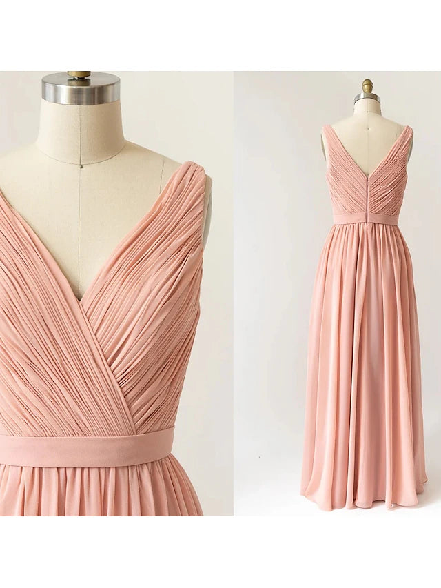 Side view of a pleated A-line chiffon bridesmaid dress.