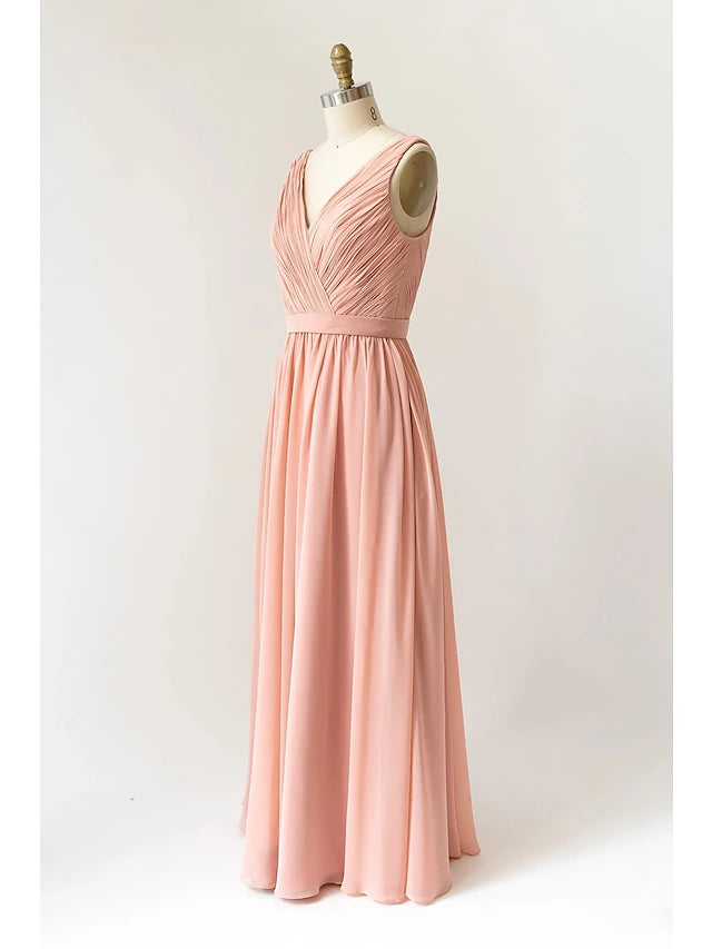 Full length view of a flowing A-line bridesmaid gown.