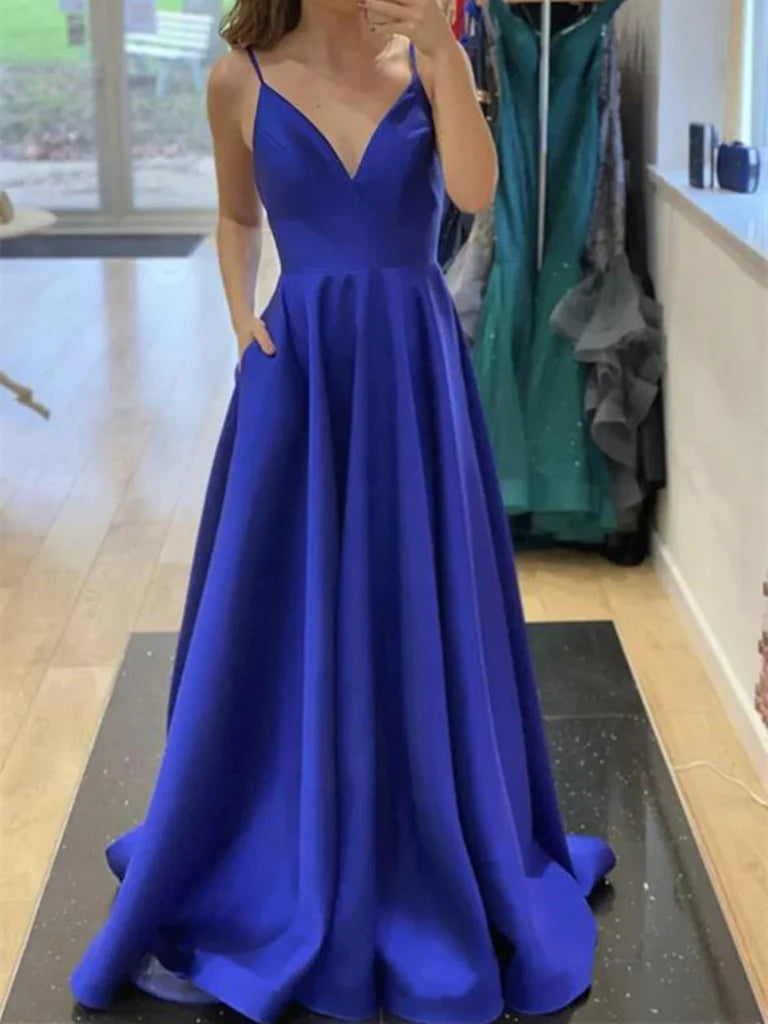 Elegant A-line V-neck long prom dress with open back detail.