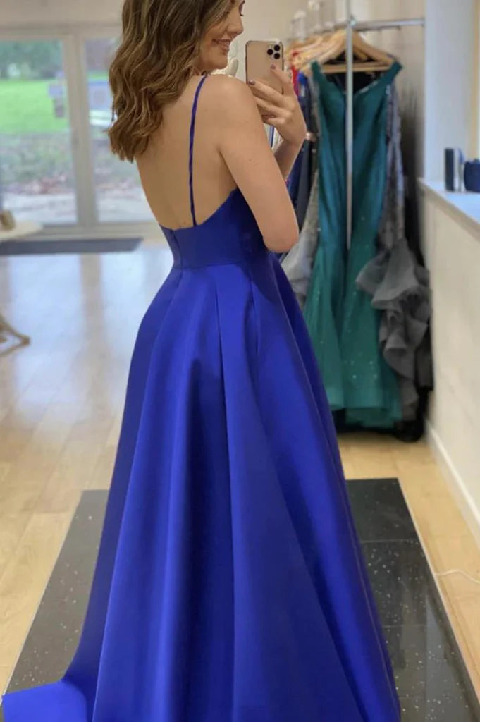 Graceful A-line V-neck prom gown featuring an open back.