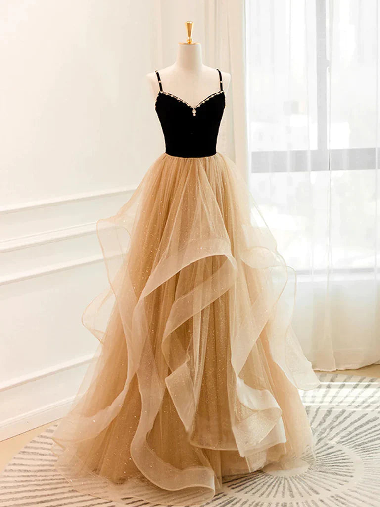 Woman wearing an elegant A-line V-neck long prom dress.