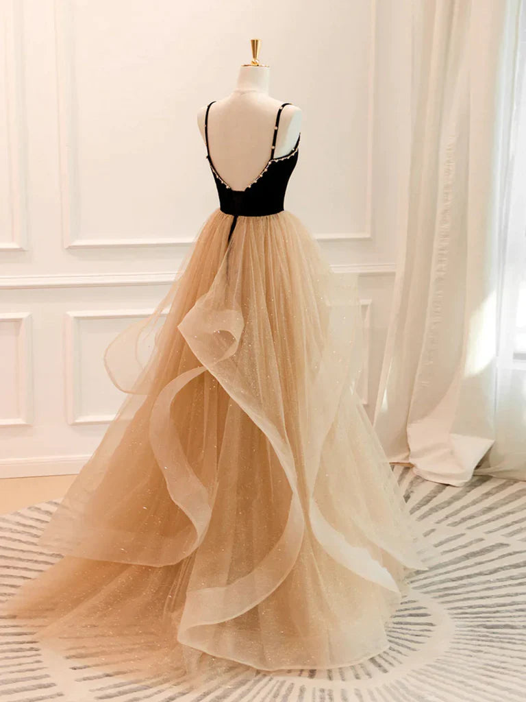 Back view of the A-line V-neck long prom dress with open back.
