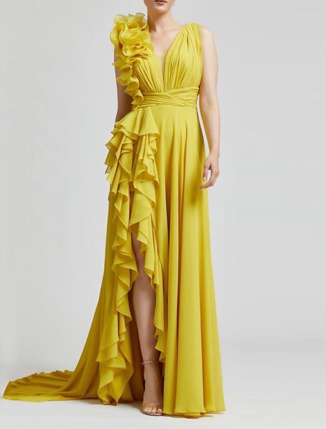 Front view of A-line V-neck gown with ruched bodice.