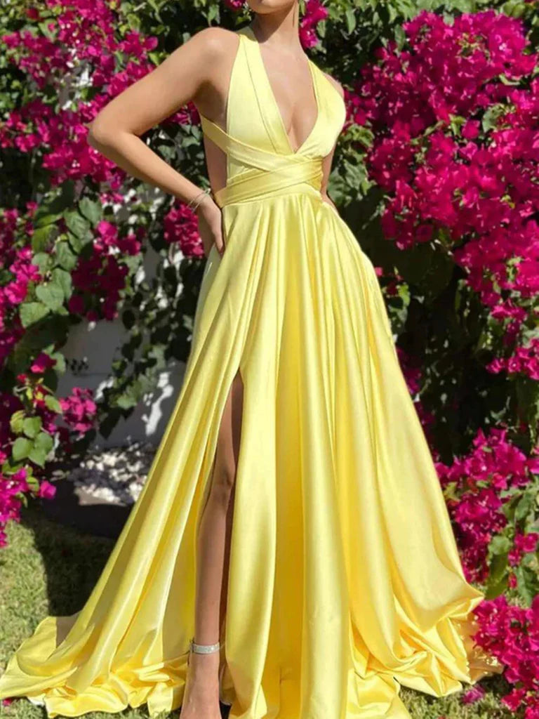 Elegant A-line V-neck prom dress with open back and high slit, front view.