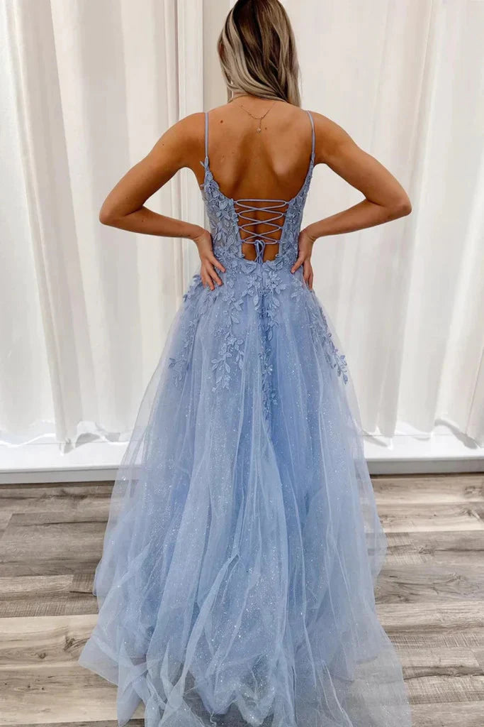 Back view of an A-line V-neck lace long prom dress, highlighting the open back detail.