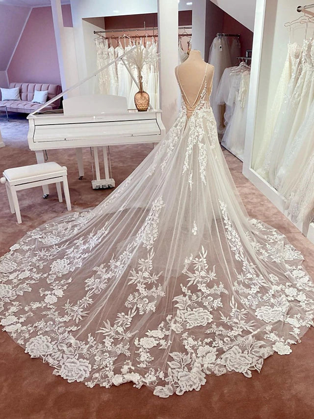 Open back chapel train wedding dress with delicate lace appliques, rear view.