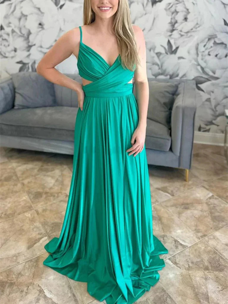 Elegant A-Line V-Neck long prom dress with an open back.