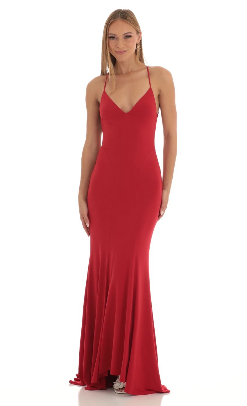 Elegant blue A-line V-neck open back maxi dress.