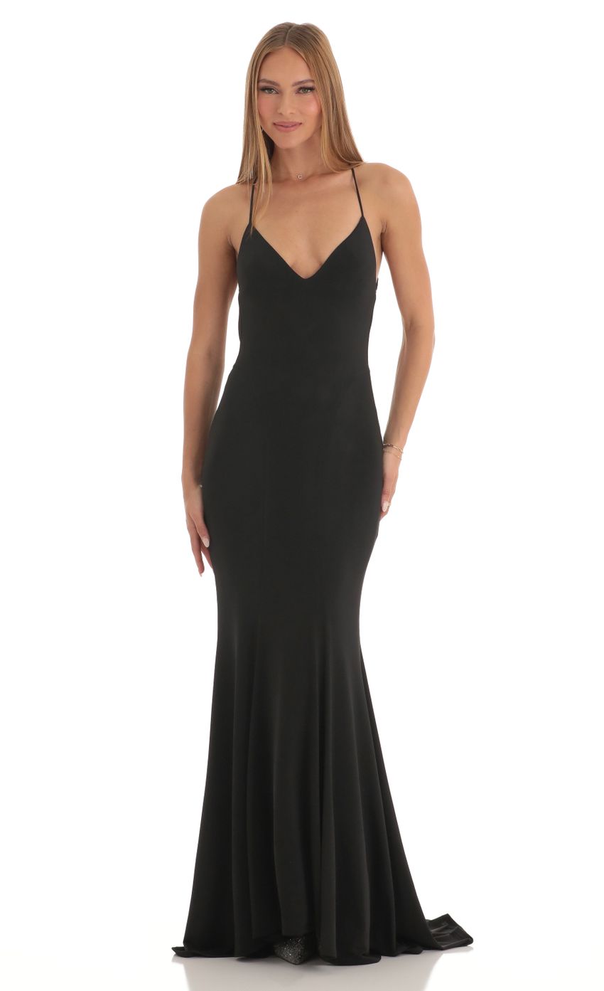Chic black A-line V-neck open back maxi dress.