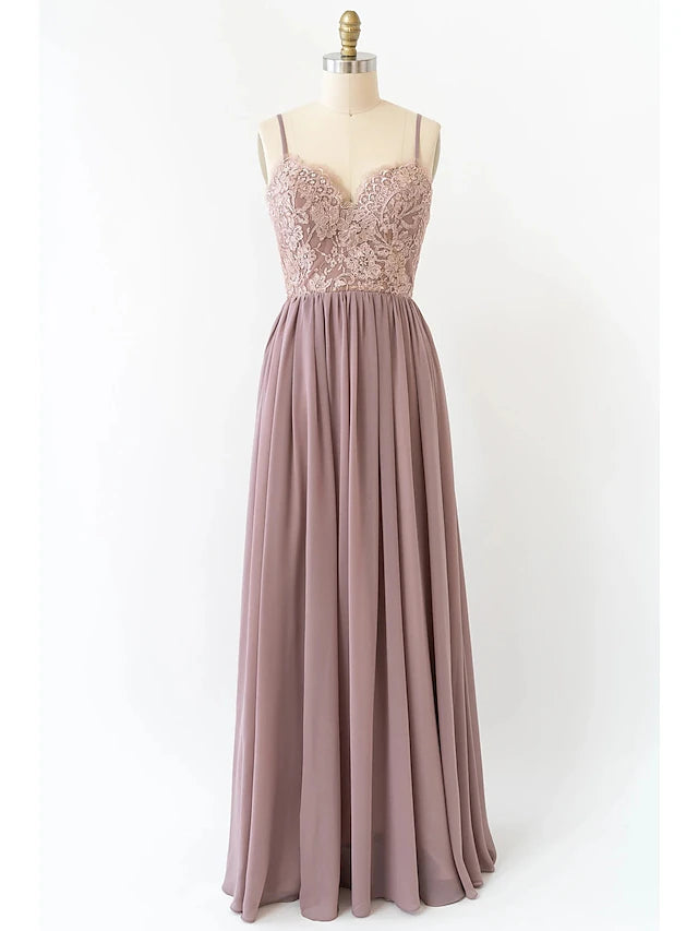 Elegant A-line chiffon bridesmaid dress with V-neck and open back.