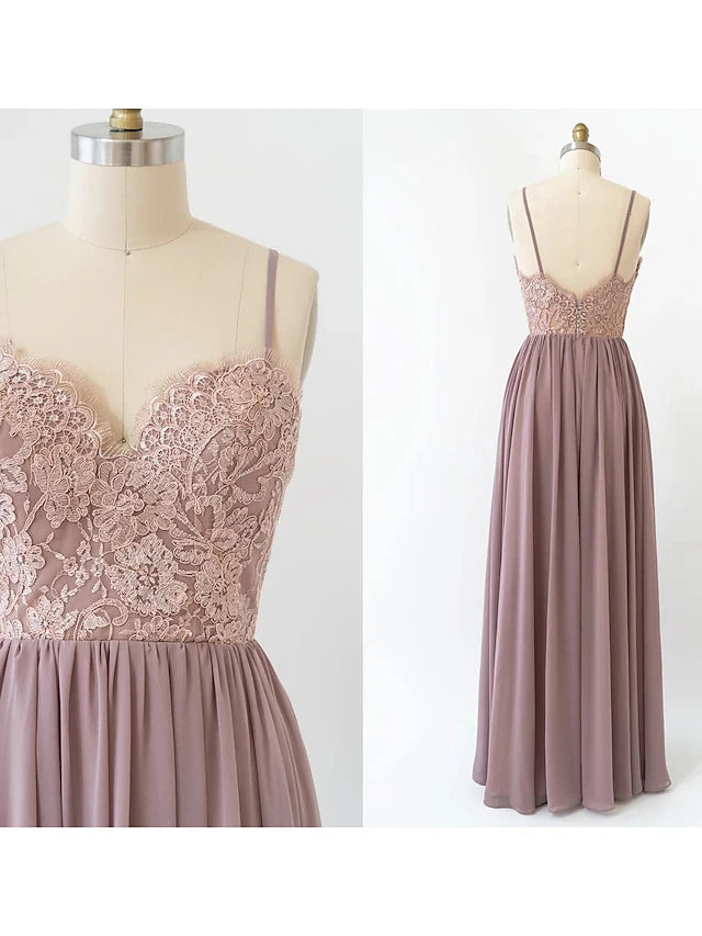 Side view of a floor-length pleated chiffon gown.