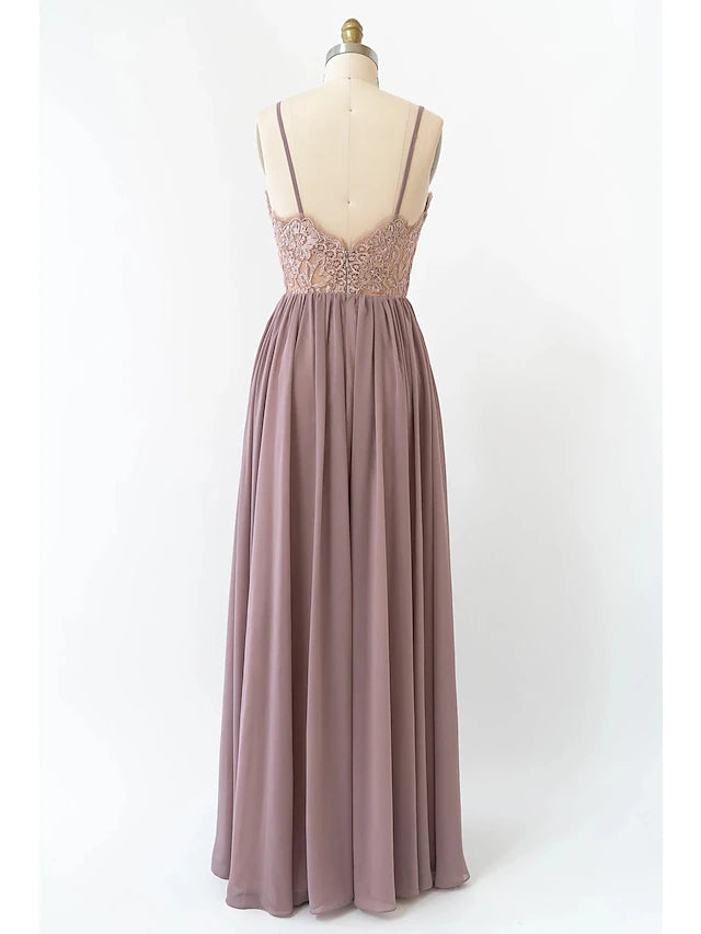 Full length view of a sleeveless A-line formal dress.