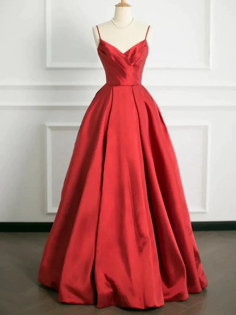 Elegant A-line V-neck satin long prom dress with open back.