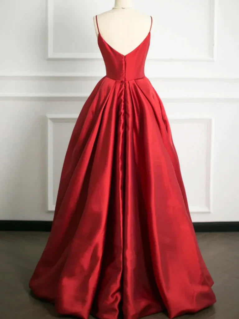 Back view of A-line V-neck satin long prom dress showing open back detail.