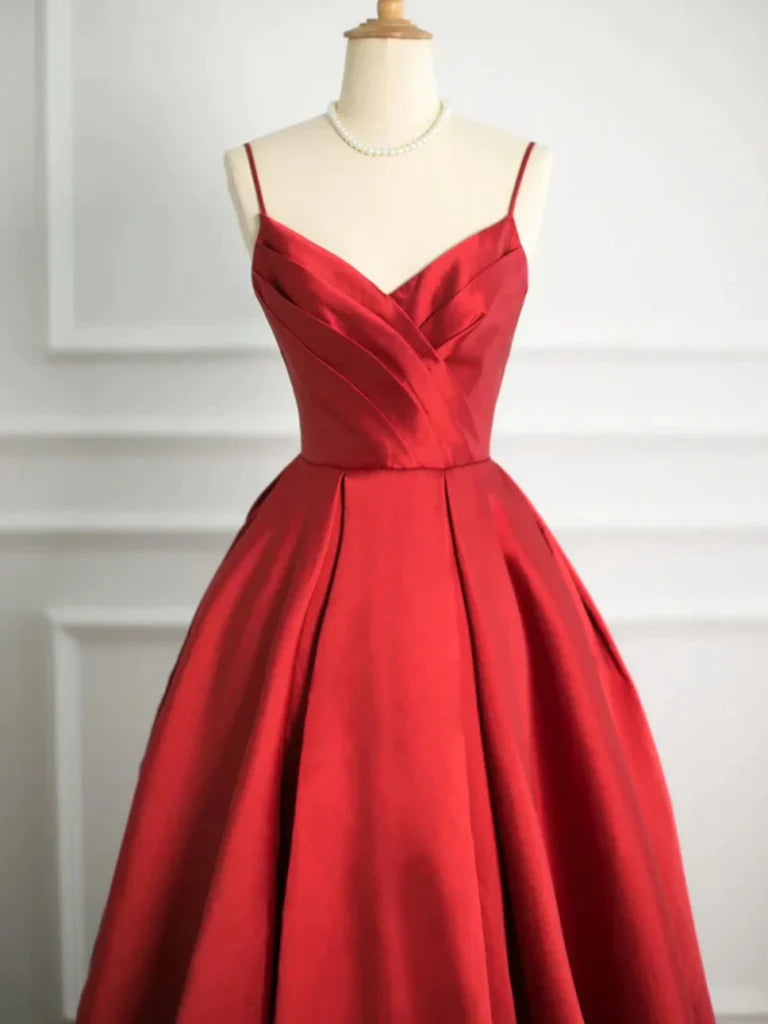 Side view of A-line V-neck satin long prom dress.